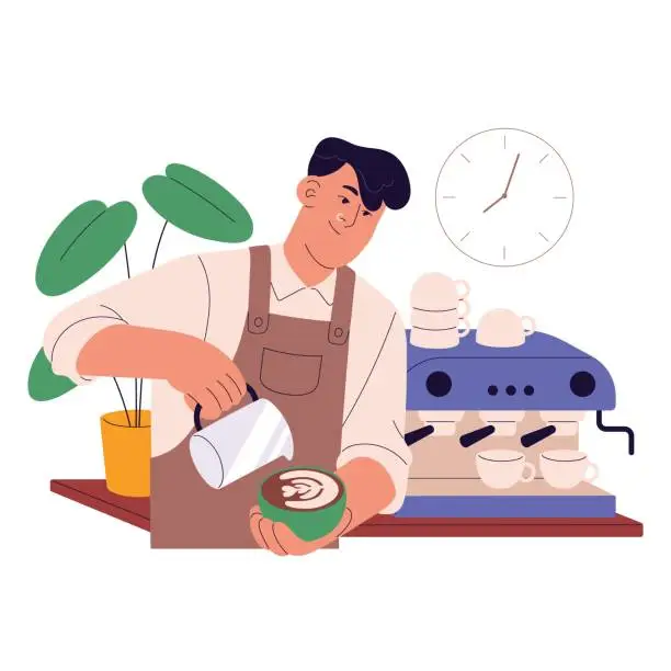 Vector illustration of Professional barista making latte art. Cafe worker pour milk, crema in coffee cup. Young man work in coffeeshop, brew beverages with espresso machine. Flat isolated vector illustration on white