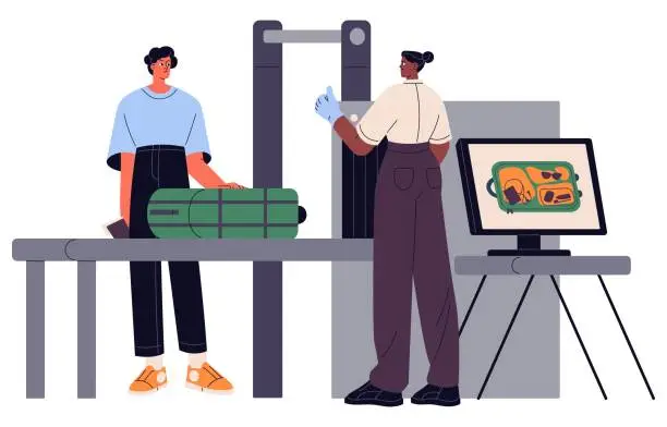 Vector illustration of Officer screening baggage on conveyor. Airport safety worker checking luggage on xray. Customs control. Passenger on metal detector scan area. Checkpoint flat isolated vector illustration on white