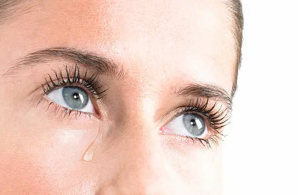 Woman Blue Eyes Looking up with Tear on white Background