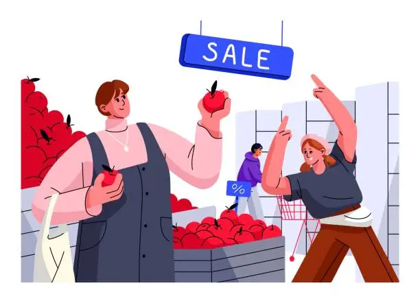 Vector illustration of Sale and discount concept. Happy woman buy food on farm store. Excited seller advertise profit offer, announce price off. Customers, buyers on shopping. Flat vector illustration isolated on white