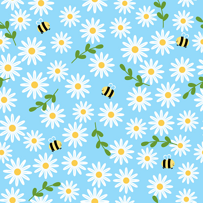 Cute seamless pattern with white camomile, green leaves and smiling bee