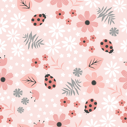 Seamless pink flourish pattern with field flowers, plants and ladybugs