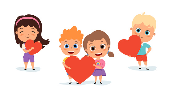 Happy cute kids with hearts. Girl and boy are smiling. Vector flat illustration. Children are smiling. Cute cartoon illustration of kids. Vector image. Health heart. Love. Set of cartoon kids.