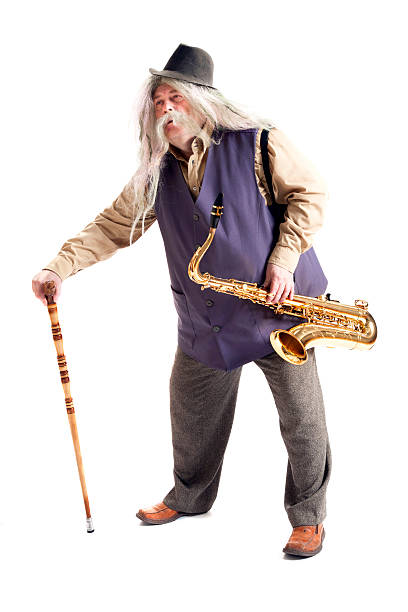 saxofonista com uma bengala - effort gold indoors studio shot imagens e fotografias de stock