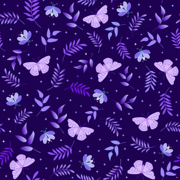 Vector illustration of blue butterfly and firefly in the garden. ditsy botanical garden seamless pattern.