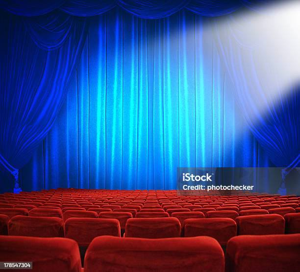 Theatrical Release Stock Photo - Download Image Now - Curtain, Blue, Spotlight
