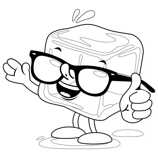 Vector illustration of Cartoon ice cube character. Vector black and white coloring page.