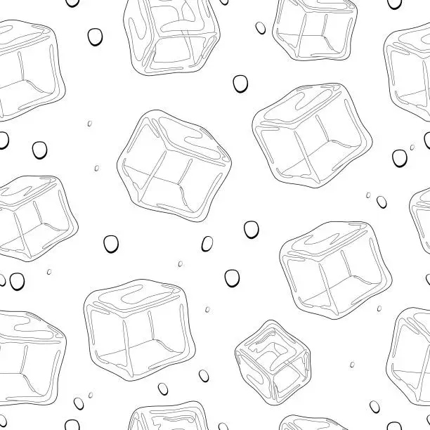 Vector illustration of Ice cubes background. Seamless pattern. Black and white outline. Vector illustration.