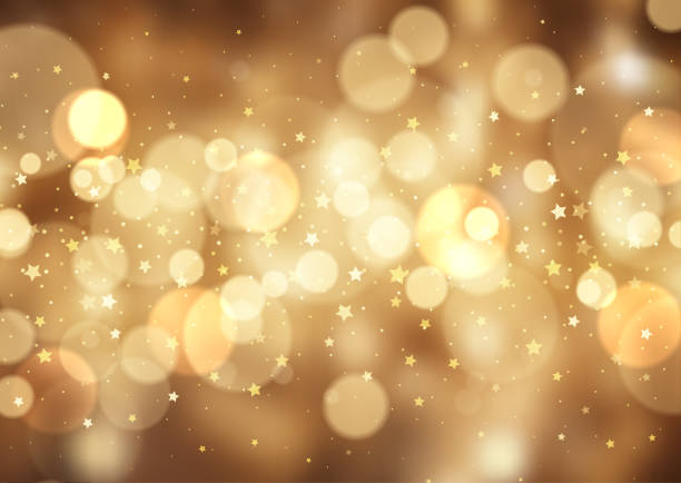 istock Golden Christmas background with bokeh lights and stars design 1785487566