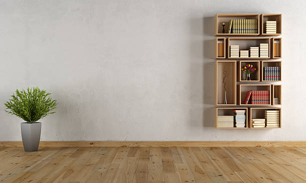 interior kosong dengan rak buku dinding - bookshelf potret stok, foto, & gambar bebas royalti