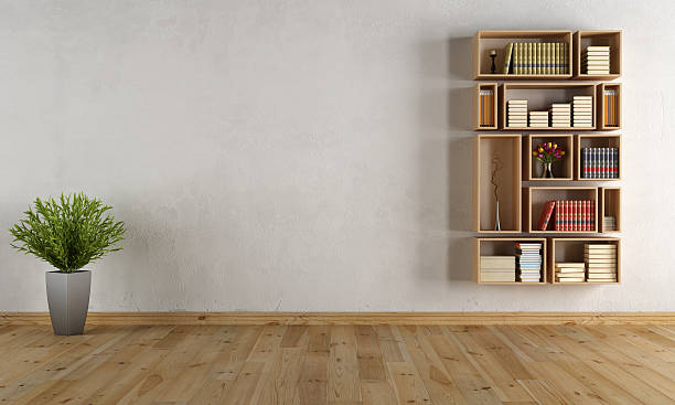 пустой интерьер с стена bookcase - bookshelf стоковые фото и изображения