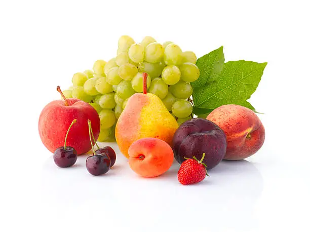 Various, assorted fruits (grape, apple, pear, cherry, apricot, plum, peach,  strawberries) with leaf, isolated on the white background with soft shadow