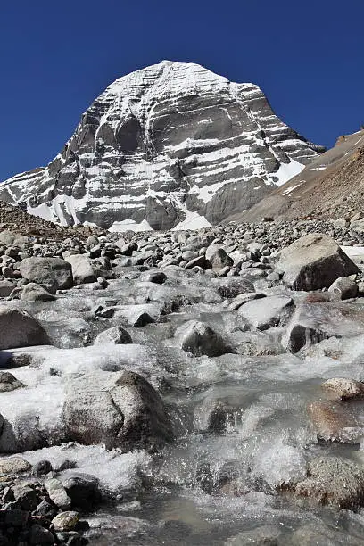 Holy Mount Kailash in Tibet  with the stream on foreground