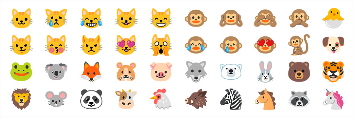 Set of animal faces, face emojis, stickers, emoticons. Vector illustration.