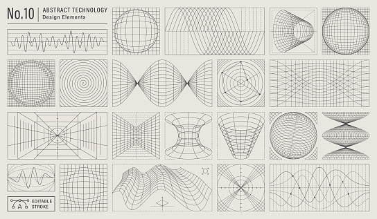 Abstract technology collection of design elements. Wire mesh line art. Retro futuristic vector illustration with editable strokes.