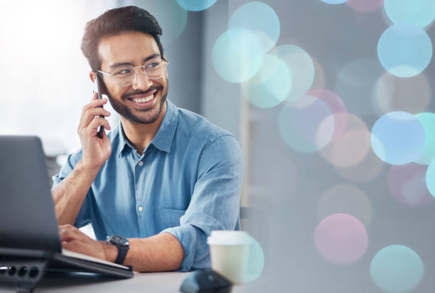 istock Phone call, laptop and man thinking in business communication, networking and online feedback or news. Creative design, bokeh overlay and asian person talking on cellphone, computer and planning job 1785519108