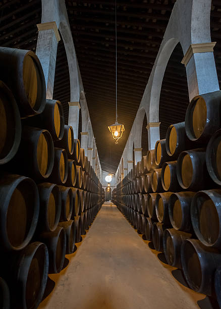 sherry barril en bodega de jerez, españa - winery wine cellar barrel fotografías e imágenes de stock