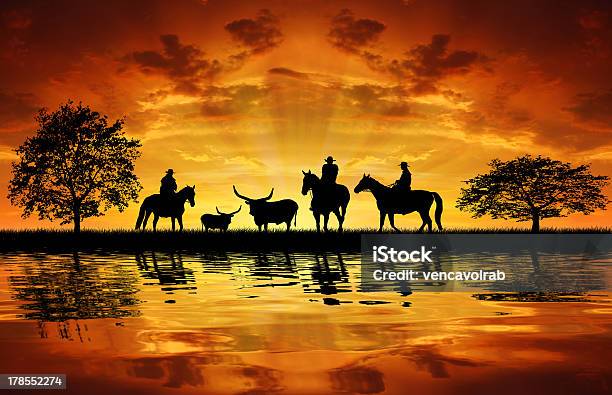 Силуэт Cowboys С Лошади — стоковые фотографии и другие картинки Ковбой - Ковбой, Лошадь, Вечерние сумерки