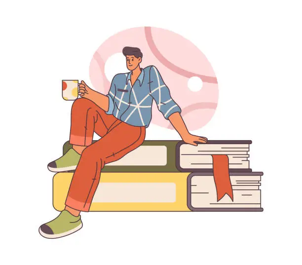 Vector illustration of Male personage reading book with cup of coffee or tea, preparing for school or university exam. Reader with publications and novels getting to know info. Flat cartoon style character vector