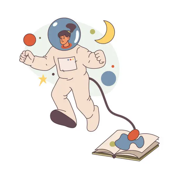 Vector illustration of Female personage, isolated reader of book imagining fantasy cosmic world and wearing astronauts uniform. Hobby and pastime of woman enjoying fantasy stories. Flat cartoon style character vector