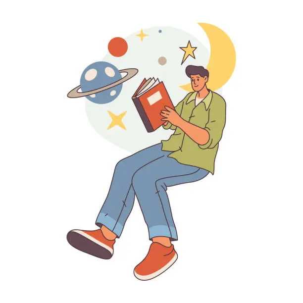 Vector illustration of Reader or bookworm hobby, isolated man reading book about cosmos, planets starts and universe. Imagination and creative thinking skills improvement. Flat cartoon style character vector