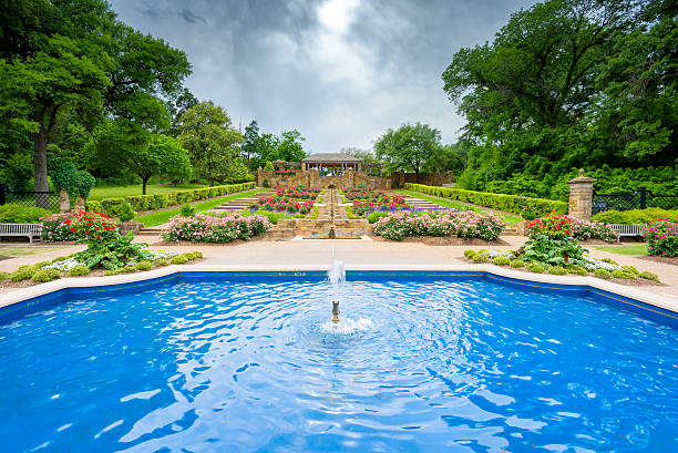 Rose Garden on a Cloudy Day Beautifully landscaped urban rose garden on a cloudy spring day in Texas fort worth stock pictures, royalty-free photos & images