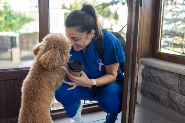 Woman With Scrubs Arriving Home From Work