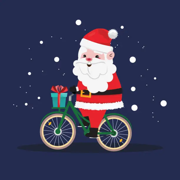 Vector illustration of Christmas winter illustration with an adorable Santa Claus character delivering a gift by bicycle