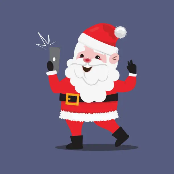 Vector illustration of Santa Claus taking selfie on purple background