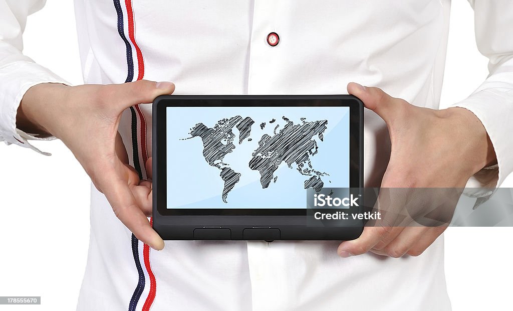 tablet com mapa-múndi - Foto de stock de As Américas royalty-free