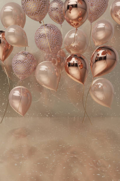 istock 3d rendering of decorative birthday backdrop with rising balloons and reflective floor 1785557722