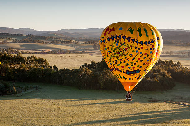balão de ar quente ao nascer do sol - grass area field air sky imagens e fotografias de stock