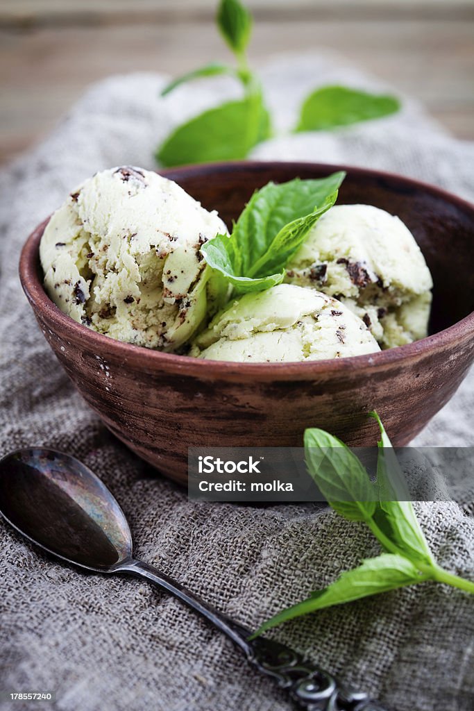 Chocolate chip mint ice cream Homemade ice cream with mint and chocolate chips Bowl Stock Photo