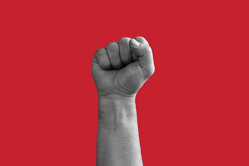 Black and White Man Hand with Raised Fist isolated on Red Background. Male Clenched Closed Fist. Revolution, Teamwork Power, Competition Concept. Hand Raised Up. Human Equal Rights, Freedom, Election. Close up. Manifestation. Red