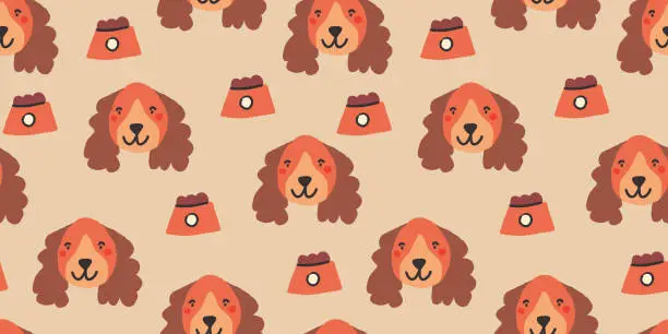Vector illustration of Vector seamless pattern with cute dog faces and dog bowl with kibbles. Dog pattern on beige background.