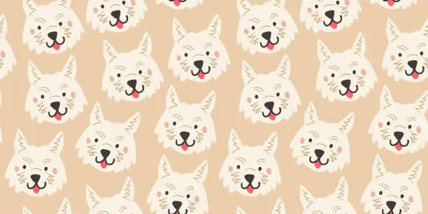 Vector illustration of Vector seamless pattern with cute white dog faces. Dog pattern on beige background.