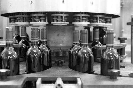 Wine cellar automatic bottling process Spain horizontal black and white