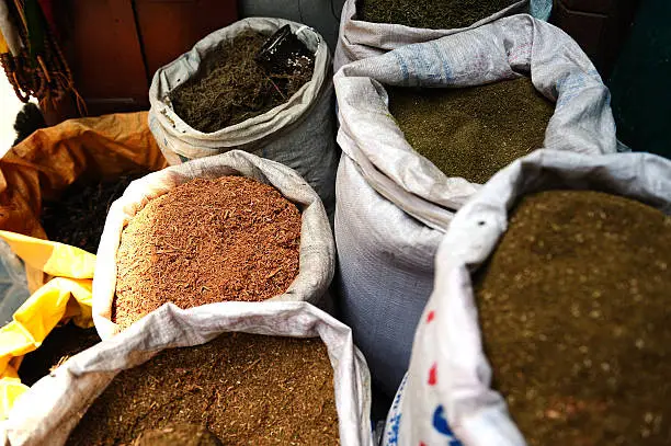 Spices at a market in a street in Kathmandu, Nepal.