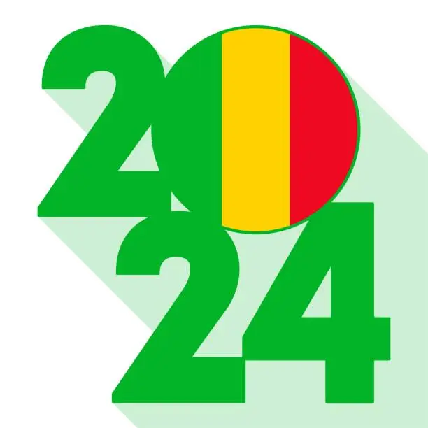 Vector illustration of Happy New Year 2024, long shadow banner with Mali flag inside. Vector illustration.