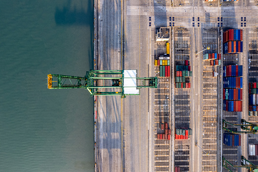 Aerial view of the international container freight port in the morning