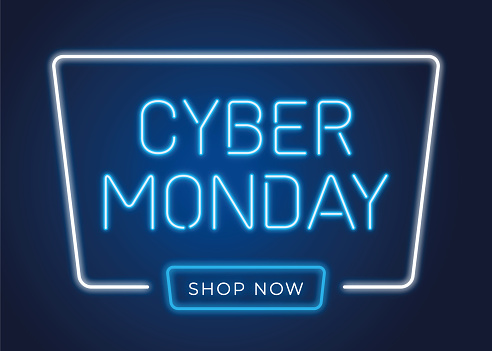 Cyber Monday banner in fashionable neon style, luminous signboard, nightly advertising advertisement of sales rebates of cyber Monday. Stock illustration
