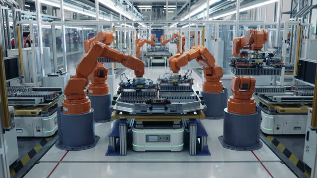 Time-lapse of EV Battery Pack for Automotive Industry Assembled on Production Line with Orange Robotic Arms. Automated Battery  Manufacturing Line Equipped with Robot Arms. Electric Car Smart Factory