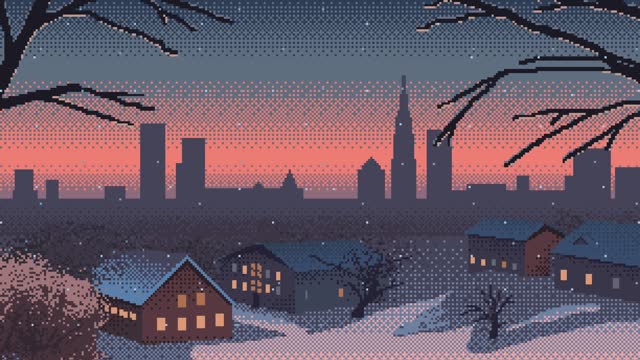 Pixel art seamless animation of winter village landscape.