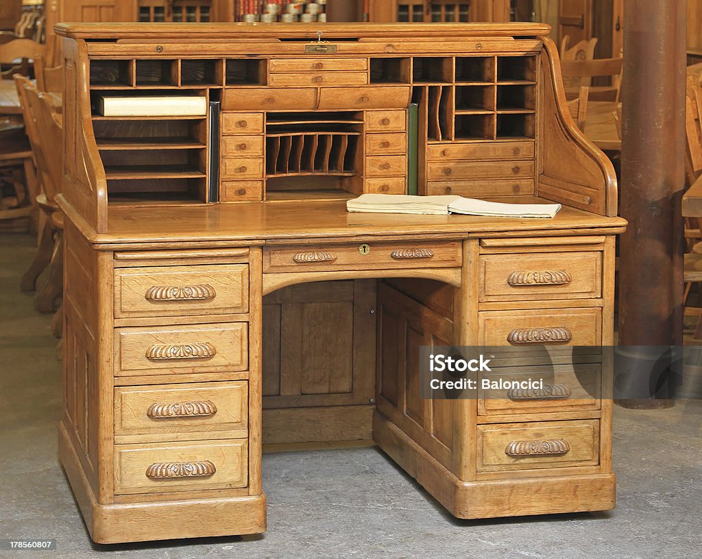 Rolltop desk Vintage style secretary wooden desk with rolltop Desk Stock Photo