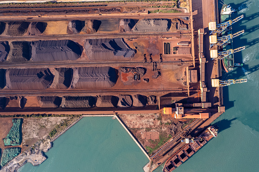 Aerial view of the minerals stacked in the ore port