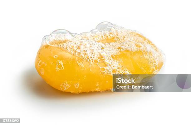 Yellow Soap Bubble Stock Photo - Download Image Now - Soap Sud, Bar Of Soap, White Background