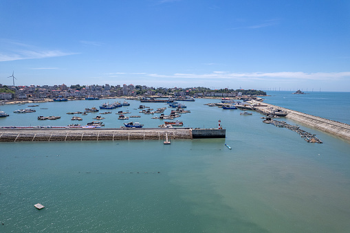 Aerial view of the fishing port in a traditional fishing village