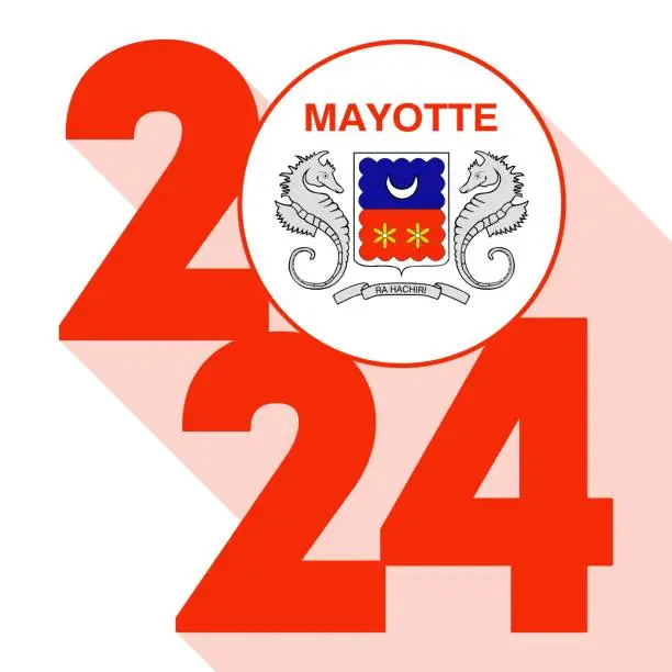 Vector illustration of Happy New Year 2024, long shadow banner with Mayotte flag inside. Vector illustration.