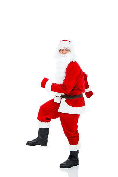 "Santa Claus go walk making step up to side forward, full length portrait, isolated on white background"