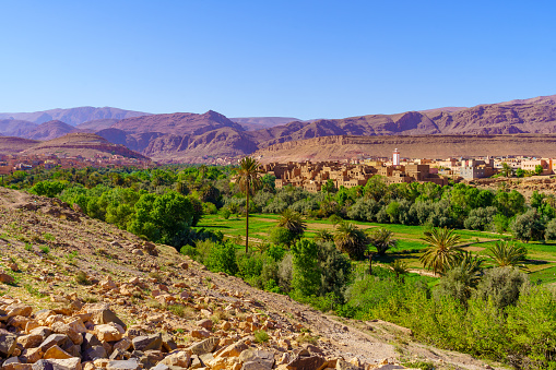 View of the Todgha (Todra) river valley, and of the city Tinghir, in central Morocco
